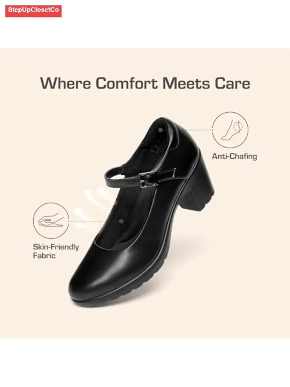 Mary Jane Arch Support Heels PU Leather Block Heel Pumps